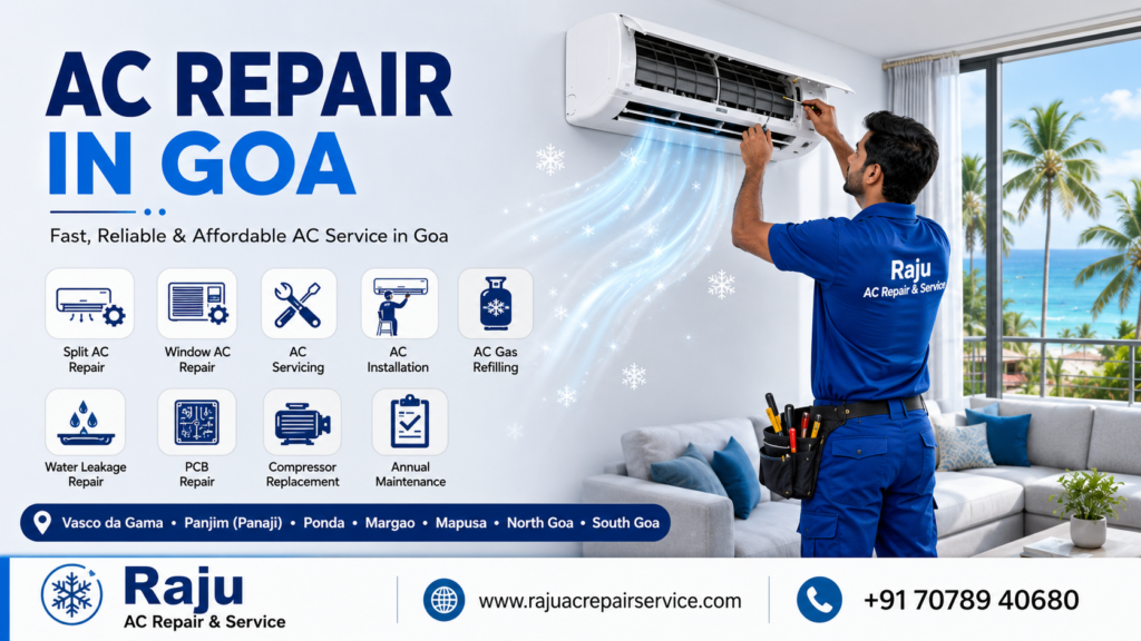 Professional AC repair in Goa by Raju AC Repair & Service technician servicing a split air conditioner in a modern home.