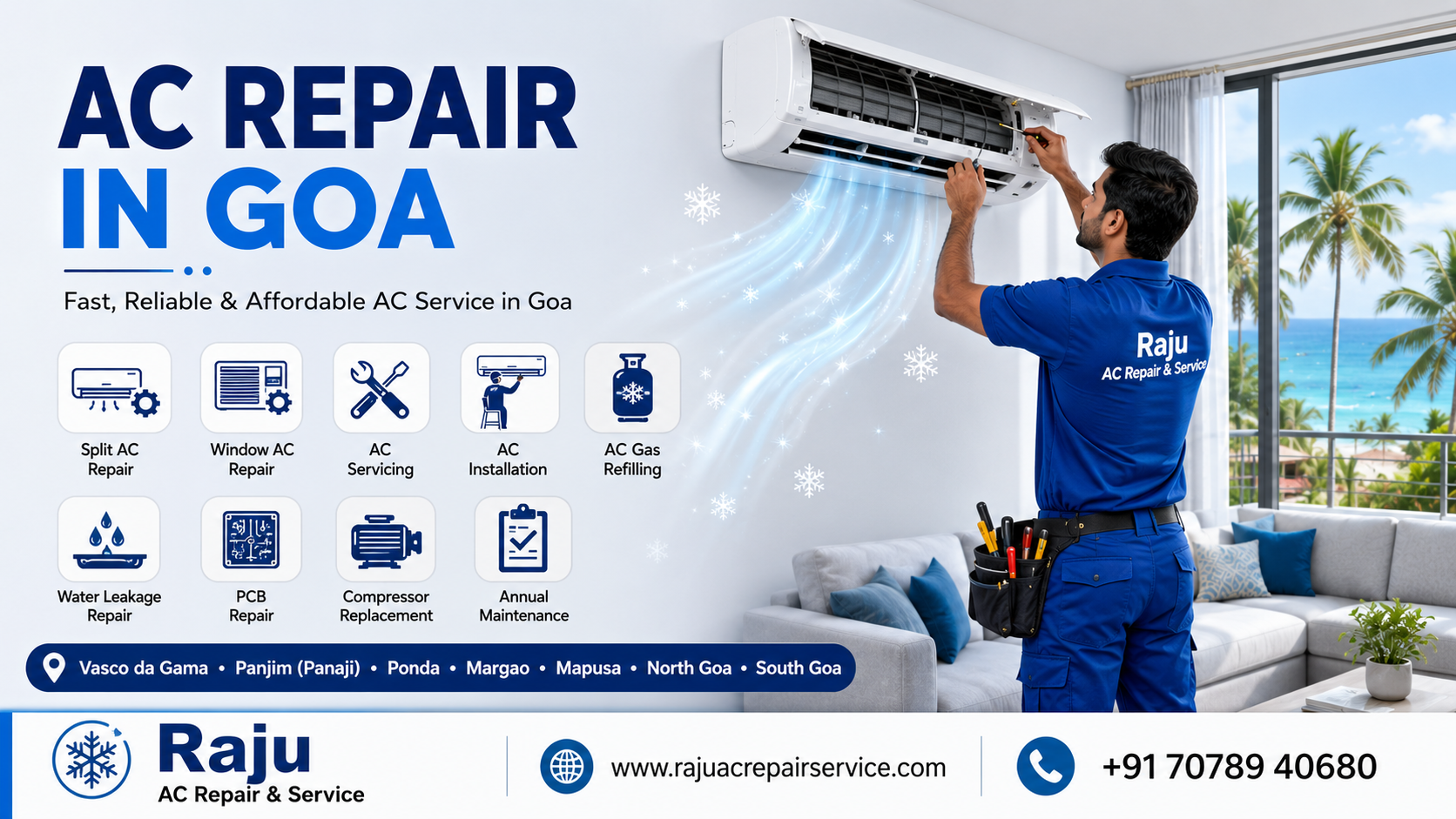 Professional AC repair in Goa by Raju AC Repair & Service technician servicing a split air conditioner in a modern home.