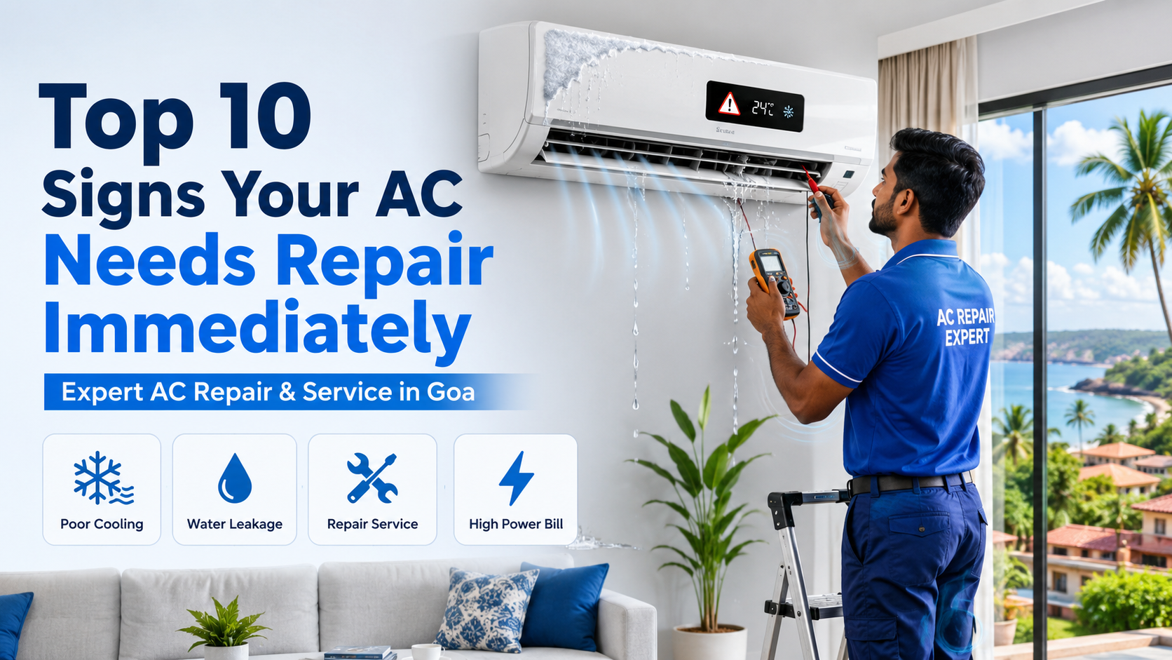 Professional AC technician inspecting a split air conditioner showing common repair signs in a modern Goa home with the title Top 10 Signs Your AC Needs Repair Immediately.