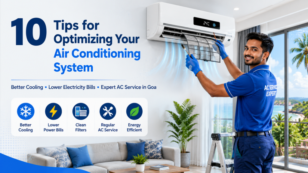 Professional Indian AC technician cleaning a split air conditioner in a modern Goa home with tips for better cooling and lower electricity bills.