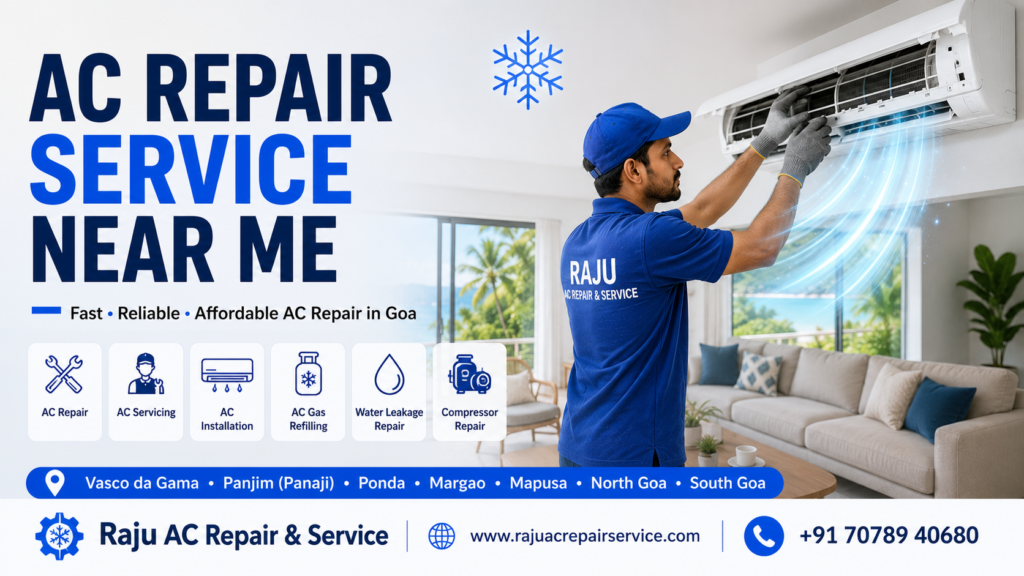 Professional AC technician providing AC repair service near me in Goa at a modern home.