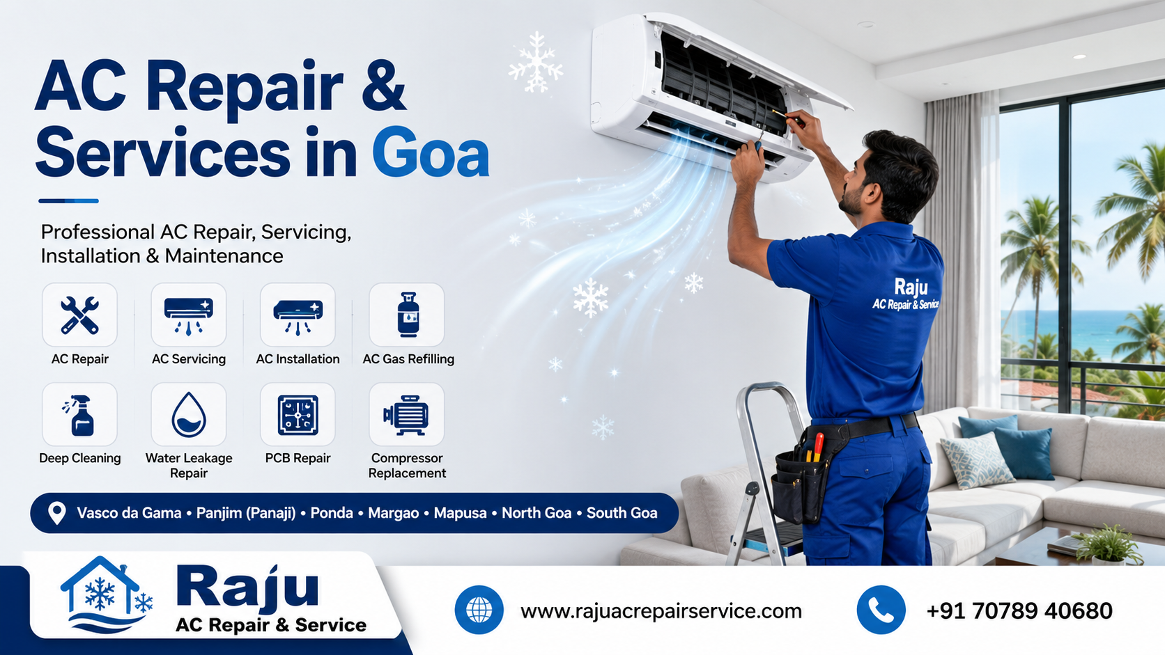 Professional AC Repair & Services in Goa by Raju AC Repair & Service technician servicing a split air conditioner in a modern home.